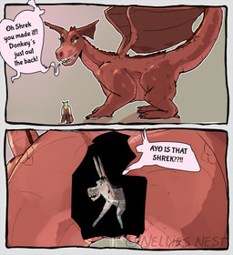 anthro bodily_fluids butt dialogue female feral fur genital_fluids green_body green_sclera green_skin grey_body grey_fur group larger_feral macro_feral male raised_tail red_body red_scales scales sharp_teeth size_difference smaller_feral tail teeth text trio unbirthing vaginal vaginal_fluids vore what wings nellies_nest dreamworks mythology shrek_(series) donkey_(shrek) dragon_(shrek) shrek_(character) asinus donkey dragon equid equine humanoid mammal mythological_creature mythological_scalie ogre scalie absurd_res censored comic english_text hi_res