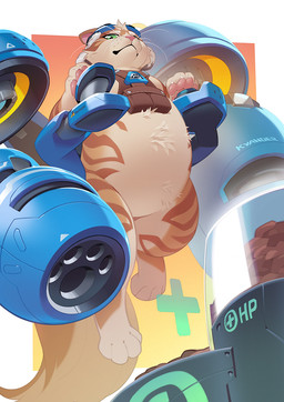 cat_food female feral jet_pack looking_at_viewer looking_down pet_food solo kyander blizzard_entertainment overwatch fika_(overwatch) domestic_cat felid feline felis mammal
