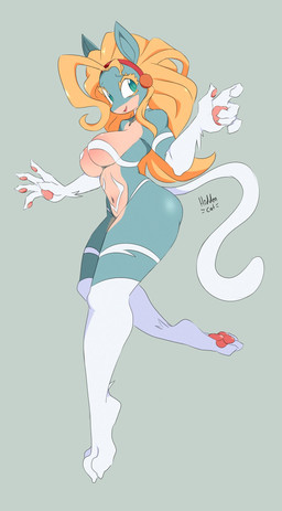 3_toes 5_fingers accessory alternate_hairstyle anthro bent_arm blonde_eyelashes blonde_hair breasts claws cosplay crossover_cosplay eyebrows eyelashes feet female female_anthro finger_claws fingers fur glistening glistening_breasts glistening_eyes green_eyes hair hair_accessory handpaw hindpaw looking_aside medium_breasts multicolored_body navel open_mouth open_smile pawpads paws pink_pawpads pupils red_hairband short_snout simple_background smile snout solo tail tan_body teal_body teal_ears text toes white_body white_fur white_sclera white_tail wide_hips hidden-cat capcom darkstalkers my_hero_academia felicia_(darkstalkers) ippan_josei mammal quirked_human_(my_hero_academia) 2025 artist_name cel_shading crossover digital_drawing_(artwork) digital_media_(artwork) full-length_portrait hi_res portrait shaded