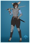 anthro armor belt biped breastplate brow_eyes brown_body brown_fur brown_hair clothed clothing cloven_hooves confident_female elena_cielo female female_anthro front_view fur gambeson hair hand_on_weapon hooves melee_weapon scabbard solo standing sword thick_thighs weapon chromakoros tamagotchi deer mammal absurd_res hi_res