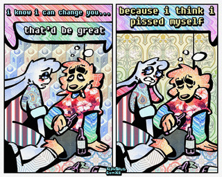 2_panel_comic aloha_shirt anthro beer_bottle bottle bottomwear bubble cheek_spots cigarette cigarette_in_mouth clenched_teeth clothing container dialogue drunk drunk_bubble duo ears_down eyes_closed flip_flops floppy_ears footwear fur half-closed_eyes humor male narrowed_eyes object_in_mouth overalls pattern_clothing pattern_shirt pattern_topwear pivoted_ears sandals shirt shoes shorts smoking_tobacco socks socks_with_sandals speech_bubble substance_intoxication teeth text tooth_gap topwear white_body white_fur yellow_body yellow_fur rawdawgcomics bingus_(rawdawgcomics) stahli_(rawdawgcomics) bird_dog canid canine canis domestic_dog golden_retriever hunting_dog lagomorph leporid mammal rabbit retriever 5:4 comic english_text hi_res