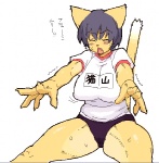 anthro big_breasts breasts clothed clothing female hair nipple_outline shirt solo stretching tail text topwear kemonon domestic_cat felid feline felis mammal japanese_text