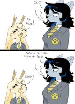 anthro antlers black_hair blue_body blue_fur blue_hair breasts cigarette clothed clothing duo eyes_closed female fur grey_clothing hair happy horn open_mouth simple_background smile smoking tan_body tan_fur text tongue white_background white_clothing yellow_body yellow_clothing yellow_fur yellow_tongue puppkittyfan1 bonnie_(puppkittyfan1) yahgura_(puppkittyfan1) canid canine canis lagomorph leporid mammal rabbit wolf comic digital_media_(artwork) english_text hi_res trans_(lore)
