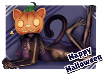 anthro areola black_body black_fur border breasts erect_nipples female food for_a_head fruit fur glowing glowing_eyes holidays jack-o'-lantern legs_up looking_at_viewer lying markings nipples on_front plant pumpkin pumpkin_head purple_areola purple_nipples skeleton_(marking) solo tail text white_border the_snow_irbis epic_games fortnite fortnite:_battle_royale halloween spice_(fortnite) felid feline hybrid mammal object_head 2025 digital_drawing_(artwork) digital_media_(artwork) english_description english_text hi_res