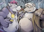 anthro belly big_belly blue_eyes bound clothing collar detailed_background duo fur grey_body grey_fur hat headgear headwear humanoid_hands male male/male medieval metal_collar moobs nipples outside overweight overweight_anthro overweight_male plant rope tree k-9 disney robin_hood_(disney) friar_tuck sheriff_of_nottingham badger canid canine canis mammal mustelid musteline wolf 2023 hi_res