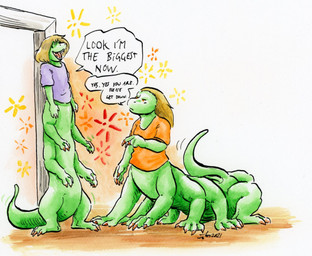 10_legs 3_toes 4_fingers 4_toes 6_legs annoyed arms_down big_hands blonde_hair brown_floor claws clothing dialogue doorway dot_eyes duo feet female fingers gesture green_body hair hand_gesture happy long_hair looking_up male motion_lines multi_leg multi_limb on_hind_legs open_mouth orange_clothing orange_eyes orange_shirt orange_t-shirt orange_topwear orange_wall pointing purple_clothing purple_shirt purple_t-shirt purple_topwear sharp_teeth shirt short_hair short_tail simple_background simple_eyes smile snout speech_bubble sprawling_gait standing star_(shape) t-shirt tail tail_motion tailwag tapering_tail teeth text toes tongue topwear white_background wide_crotch yellow_claws cervelet liz_(growing_troubles) miles_(growing_troubles) lizard lizard_taur long_taur reptile reptile_taur scalie scalie_taur taur 2021 comic english_text handwritten_text painting_(artwork) shaded signature traditional_media_(artwork) traditional_painting_(artwork) traditional_watercolor_(artwork) watercolor_(artwork) mother_(lore) mother_and_child_(lore) mother_and_son_(lore) parent_(lore) parent_and_child_(lore) parent_and_son_(lore) son_(lore)