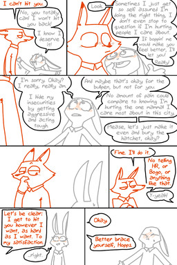 7_panel_comic anthro apology blush blush_lines bodily_fluids buckteeth clothed clothing collared_shirt color_coded color_coded_speech_bubble color_coded_text crying dialogue duo eyes_closed female fully_clothed larger_male linked_speech_bubble male shirt simple_background size_difference smaller_female speech_bubble sweat tears teeth text topwear white_background the_weaver disney zootopia judy_hopps nick_wilde canid canine fox lagomorph leporid mammal rabbit red_fox true_fox 2025 3:4 colored_line_art comic digital_media_(artwork) english_text hi_res