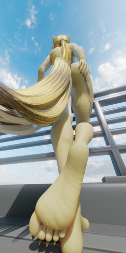 anthro day feet female foot_fetish foot_focus low-angle_view nude outside sky soles striped_body stripes toes white_body yellow_body pogusername mihoyo zenless_zone_zero pulchra_fellini cheetah felid feline mammal thiren 3d_(artwork) absurd_res digital_media_(artwork) hi_res