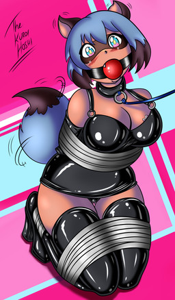 anthro ball_gag bdsm black_body black_fur black_hair blue_body blue_eyes blue_fur blue_hair bondage bound breasts brown_body brown_fur clothed clothing female fluffy fluffy_tail fur gag hair kneeling leash looking_at_viewer multicolored_body multicolored_fur multicolored_hair offscreen_character short_hair tail tail_motion tailwag bondverse fenrilhuayra brand_new_animal studio_trigger michiru_kagemori canid canine mammal raccoon_dog tanuki 2020 absurd_res hi_res