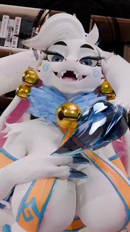 anthro areola areola_slip bell big_breasts blue_claws blue_eyes book breasts claws eyelashes fangs female floppy fur halo inside long_ears looking_at_viewer neck_tuft open_mouth open_smile pink_areola smile smiling_at_viewer solo tail tail_tuft teeth translucent_claws tuft white_body white_fur mrs_dexie norkanimations_(modeler) atlyss angela_flux bovid caprine kubold_(atlyss) mammal 2025 3d_(artwork) 9:16 absurd_res digital_media_(artwork) hi_res