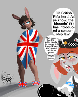 anthro baton blue_eyes british buckteeth clothing constable dialogue duo eyebrows female hair hat headgear headwear humor orange_hair pink_nose police police_officer police_uniform teeth text uniform union_jack yellow_eyes beep! piña lagomorph mammal 4:5 absurd_res censored digital_media_(artwork) english_text hi_res