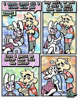 4_panel_comic aloha_shirt anthro bottomwear bow_tie cheek_spots clothing dialogue duo ears_down eyes_closed floppy_ears fur grin half-closed_eyes humor kissing male narrowed_eyes overalls pattern_clothing pattern_shirt pattern_topwear pawpads paws pink_pawpads pivoted_ears shirt shorts smile speech_bubble teeth text tooth_gap topwear white_body white_fur wide_eyed yellow_body yellow_fur rawdawgcomics game_boy game_boy_family nintendo bingus_(rawdawgcomics) stahli_(rawdawgcomics) bird_dog canid canine canis domestic_dog golden_retriever hunting_dog lagomorph leporid mammal rabbit retriever 4:5 comic english_text hi_res