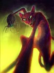 anthro fangs fur green_sclera male open_mouth red_body red_eyes red_fur smile teeth cinemamind cartoon_network courage_the_cowardly_dog katz'_spiders katz_(courage_the_cowardly_dog) arachnid arthropod domestic_cat felid feline felis mammal spider hi_res