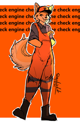 anthro clothing femboy fur hat headgear headwear male mechanic orange_clothing simple_background simple_coloring smile solo text working yellow_body yellow_fur shardie canid canine mammal 9:14 absurd_res english_text hi_res shaded simple_shading