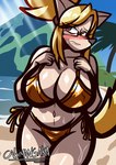 anthro beach belly big_breasts bikini bikini_thong bikini_top blonde_hair blush bodily_fluids breasts brown_nose cleavage clothed clothing embarrassed embarrassed_female eyewear female female_anthro fur glasses glistening glistening_body glistening_breasts gold_bikini green_eyes hair hand_on_breast huge_breasts light light_beam light_body light_fur light_skin mature_anthro mature_female mountain navel sand sea slightly_chubby slightly_chubby_anthro slightly_chubby_female snout solo sunbeam sunlight sweat sweatdrop sweaty_breasts sweaty_legs swimwear tail thick_thighs two-piece_swimsuit water wearing_glasses wide_hips yellow_tail cabimangaka bandai_namco cyberconnect2 golden_week little_tail_bronx solatorobo merveille_million canid canine caninu canis domestic_dog mammal absurd_res english_description hi_res portrait three-quarter_portrait