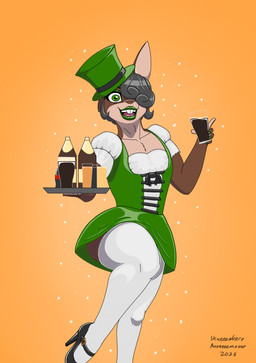 alcohol_bottle anthro beverage_bottle black_hair bottle brown_body brown_fur clothed clothing container crossdressing dress femboy footwear fur green_clothing green_dress green_eyes green_lipstick hair high_heels holidays legwear lipstick makeup male pint shoes solo stockings skueeeakerz st._patrick's_day alex_hawthorne_(skueeeakerz) lagomorph leporid mammal rabbit hi_res