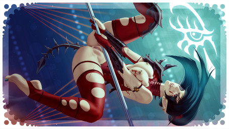 armwear clothing dancing ear_piercing ear_ring eye_patch eyewear female genitals hair humanoid_pointy_ears legwear long_hair nipple_piercing nipples piercing pointy_ears pole pole_dancing ring_piercing shoulder_pads solo stripper_pole vulva themaestronoob warhammer_(franchise) warhammer_40000 drukhari elf humanoid 16:9 2022 hi_res widescreen
