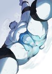 2022 anthro balls_outline bear belly blue_clothing blue_underwear bodily_fluids boxers_(clothing) bulge butt clothing detailed_bulge genital_outline hi_res kemono low-angle_view male mammal merfiller musclegut muscular navel nipples penis_outline polar_bear solo sweat underwear ursine white_body worm's-eye_view