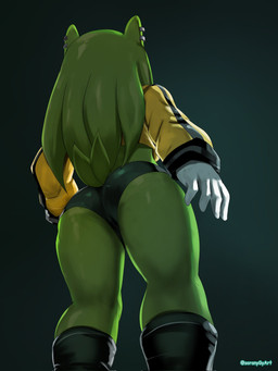 anthro bottomwear butt clothing ear_piercing ear_ring female gloves green_body green_hair hair handwear jacket low-angle_view piercing rear_view ring_piercing shorts solo thick_thighs topwear wide_hips soranygyart idw_publishing sega sonic_the_hedgehog_(comics) sonic_the_hedgehog_(idw) sonic_the_hedgehog_(series) surge_the_tenrec afrosoricid mammal tenrec 2025 3:4 hi_res