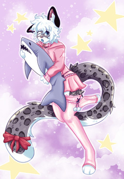 anthro blue_mouth bottomwear clothed clothing collar crossdressing fur grey_body grey_fur hair hoodie legwear male one_eye_closed pink_clothing pink_collar plushie ribbons simple_background skirt solo standing stockings topwear white_hair wink m0nst3rdoc ikea asphinx blahaj felid mammal pantherine snow_leopard hi_res