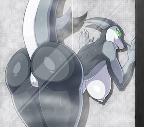 against_surface anthro ass_on_glass big_breasts big_butt breasts butt butt_focus claws female female_anthro genitals glass hanging_breasts leaning leaning_forward looking_at_viewer nipples nude on_glass raised_tail shower smile solo tail thick_thighs vulva white_nipples wide_hips kurtassclear aquatic fish shark