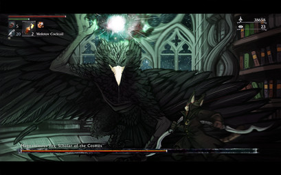 3_eyes ambiguous_gender anthro black_body black_clothing black_coat black_feathers black_topwear black_wings bookshelf clothing coat duo feathered_wings feathers furniture gameplay_mechanics holding_melee_weapon holding_object holding_sword holding_weapon inside melee_weapon multi_eye open_mouth sky standing star sword topwear unsigned weapon window wings acidic species_request