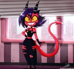 black_hair bottomwear clothed clothing female hair hell horn inside midriff navel not_furry pants short_hair smile solo spade_tail tail teeth text tooth_gap the-butcher-x deviantart helluva_boss millie_(helluva_boss) demon demon_humanoid humanoid imp 2021 hi_res signature url