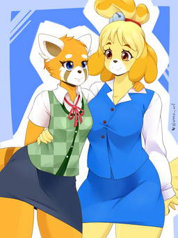 alternate_costume anthro big_breasts blue_eyes blush breasts brown_eyes clothed clothing clothing_swap duo female fur hair hand_on_hip hand_on_shoulder office_clothing office_lady orange_body orange_fur smile standing thick_thighs wide_hipped_female wide_hips yellow_body yellow_fur weepinbelly aggretsuko animal_crossing nintendo sanrio isabelle_(animal_crossing) retsuko ailurid canid canine canis domestic_dog mammal red_panda