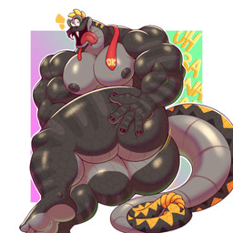 4_fingers abs anthro areola banana banana_hair bananza_power barazoku biceps big_butt big_muscles big_pecs big_tail black_areola black_body black_fingernails black_nails black_nipples black_scales bodily_fluids bubble_butt butt clothing colored_nails drooling fangs feet fingernails fingers food fruit grey_body grey_scales huge_butt huge_muscles humanoid_feet humanoid_hands long_tail looking_at_viewer looking_back male mostly_nude mostly_nude_anthro mostly_nude_male multicolored_body multicolored_scales muscular muscular_anthro muscular_arms muscular_male muscular_thighs nails necktie necktie_only nipples non-mammal_nipples open_mouth open_smile pecs plant plantigrade pronounced_browridge pseudo_hair rear_view saliva scales sharp_teeth simple_background smile solo tail teeth toes tongue tongue_out two_tone_body two_tone_scales undone_tie darkpolari donkey_kong_(series) donkey_kong_bananza nintendo donkey_kong_(character) snake_bananza legged_snake reptile scalie snake 1:1 2025 colored colored_line_art digital_drawing_(artwork) digital_media_(artwork) hi_res shaded