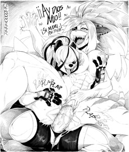 5_fingers abs anthro areola big_breasts bodily_fluids breast_grab breasts contact_onomatopoeia cracked_wall drooling duo ear_piercing eye_patch eyebrows eyewear female female/female female_penetrated female_penetrating female_penetrating_female female_symbol fingers gender_symbol genital_fluids genitals hair hair_over_eyes hand_on_breast heart_pupils impact_onomatopoeia long_hair looking_pleasured mommy_kink muscular muscular_anthro muscular_female muscular_thighs nipples non-mammal_breasts non-mammal_ears non-mammal_hair non-mammal_vulva onomatopoeia open_mouth open_smile penetration piercing plap saliva serratus sex sex_toy sharp_teeth smile sound_effects strapon strapon_sex symbol tears tears_of_pleasure teeth text thick_thighs tongue tongue_out toying_partner vaginal vaginal_fluids vaginal_penetration vulva pltnm06ghost rika_espinosa_(foxlex) wu_li-hua_(pltnm06ghost) aquatic bear fish giant_panda mammal shark 2025 hi_res monochrome signature spanish_text translated