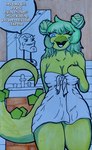 2024 anthro bathroom big_tail blue_eyes breasts cavemanon_studios cleavage clothed clothing detailed_background dialogue dinosaur duo english_text female geeksandkicks goodbye_volcano_high graphite_(artwork) green_body green_hair green_scales hair hair_bun hi_res inside jj_(jj) long_tail male marker_(artwork) one_eye_closed open_mouth open_smile ornithischian pencil_(artwork) prehistoric_species reptile scales scalie short_hair sink smile snoot_game spiked_tail spikes spikes_(anatomy) stegosaurian stegosaurus stella_(gvh_beta) tail text thick_thighs thyreophoran towel towel_only traditional_media_(artwork) were_you_frying_chicken_in_there