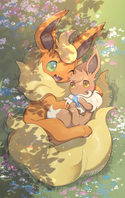 3_toes ambiguous_gender black_nose blush brown_body brown_ears brown_fur brown_paws day dipstick_tail duo evolutionary_stone feet female feral flower fluffy fluffy_tail fur fur_collar fur_tuft grass green_eyes hug lying markings on_back on_side one_eye_closed open_mouth orange_body orange_ears orange_fur orange_paws outside pawpads pink_pawpads pink_tongue plant quadruped shadow sharp_teeth tail tail_markings tan_body tan_fur tan_tail_tip teeth text toes tongue tuft water_stone yellow_body yellow_eyes yellow_fur yellow_tail nullma nintendo pokemon eevee eeveelution flareon generation_1_pokemon pokemon_(species) absurd_res colored digital_media_(artwork) digital_painting_(artwork) hi_res painting_(artwork) signature