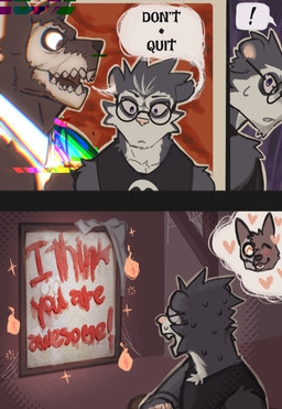 3_panel_comic anthro arm_scar beep belly big_muscles big_pecs black_bottomwear black_clothing black_pants black_shirt black_tank_top black_topwear bodily_fluids bone bottomwear clothing dialogue duo encouragement exclamation_point eyewear heart_symbol inside male male/male musclegut muscular muscular_anthro muscular_male navel nipples orange_eyes pants pecs scar shirt skull speech_bubble standing sweat sweat_mark tank_top text topwear king_slabu adrian_(king_slabu) nolan_(king_slabu) american_opossum canid canine canis domestic_dog mammal marsupial spirit virginia_opossum absurd_res comic english_text hi_res