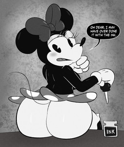 anthro big_butt bloomers blush bottomwear breasts bubble_butt butt butt_expansion clothed clothing diagram expansion eyelashes female frilly frilly_bloomers frilly_bottomwear frilly_clothing furniture ink on_table open_mouth pie_cut_eyes presenting presenting_hindquarters sitting sitting_on_table skirt solo speech_bubble table tail text topless someth1ngoranother disney minnie_mouse mammal mouse murid murine rodent 2025 english_text hi_res monochrome