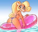 2020 4_fingers activision anthro bandicoot bent_arm bikini blonde_hair breasts butt clothing coco_bandicoot crash_bandicoot_(series) digital_media_(artwork) extended_arm female fingers green_eyes hair inflatable inflatable_ride inflatable_support legs_in_water legs_over_edge long_hair mammal marsupial on_pool_toy open_mouth open_smile over_edge partially_submerged phallic ponytail pool_toy shaded smile solo straddling submerged_legs swimwear tailless two-piece_swimsuit under_boob wamudraws water