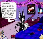 animal_skull anthro back_wings bedroom beverage black_clothing black_collar black_hair black_shirt black_t-shirt black_text black_topwear black_wristband blush blush_lines bracelet bragging carpet clothed clothing collar crayon crayon_box detailed_background dialogue ear_piercing eyes_closed fur gun hair humor inside jewelry kneeling male membrane_(anatomy) membranous_wings nintendo_switch_console open_mouth piercing plushie poster praying praying_hands ranged_weapon shirt short_hair sketchbook small_wings soda soda_bottle solo spade_tail spiked_bracelet spiked_collar spikes string_lights t-shirt tail teeth text topwear weapon white_body white_fur white_inner_ear wings sinsquest sega sonic_the_hedgehog_(series) snaffs_(sinsquest) bat chao_(sonic) mammal 2024 cel_shading digital_drawing_(artwork) digital_media_(artwork) english_text handwritten_text shaded