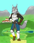 2022 4:5 anthro arctic_fox armor canid canine chainmail city clothed clothing detailed_background dipstick_tail eyebrows fantasy fields forest fox fur gambeson grass grey_body grey_fur hi_res jaka_fon_torkar landscape male mammal markings marquis_vienna_(tales_of_the_ashes) medieval melee_weapon mountain path plant plate_armor prince royalty sky solo sword tail tail_markings tales_of_the_ashes_(series) tree true_fox weapon