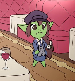 accessory alcohol beverage blue_clothing blue_necktie bottomwear brown_eyes brown_hair clock clothed clothing container cup drinking_glass female glass glass_container glass_cup green_body green_skin hair hat headgear headwear inside_train long_hair necktie not_furry pocketwatch sharp_teeth skirt solo teeth train vehicle watch wine wine_glass jocat goblin humanoid