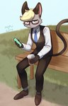 anthro beverage cellphone chair clothed clothing coffee coffee_cup container cup electronics eyewear footwear fully_clothed furniture glasses grass hair heterochromia holding_object looking_at_viewer male necktie on_chair phone plant shoes sitting sitting_on_chair solo suit tail topwear vest wearing_glasses mofu_guys animal_crossing nintendo raymond_(animal_crossing) domestic_cat felid feline felis mammal hi_res signature