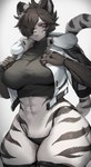 anthro big_breasts black_body black_fur breasts clothed clothing eye_waterline female fur hair markings solo white_body white_fur wide_hips suurin_2 nilani_(pocket-sand) felid mammal pantherine tiger absurd_res hi_res