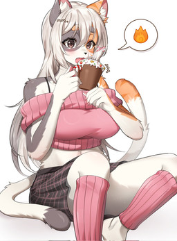2_tails anthro beverage blush bottomwear candy chocolate claws clothing dessert female fire_symbol food fur hair hair_between_eyes holding_food holding_object hot_chocolate inner_ear_fluff leg_warmers legwear long_hair midriff multi_tail multicolored_body multicolored_fur open_mouth pink_clothing simple_background sitting skirt solo speech_bubble tail tuft white_body methynecros haru_(etivka) domestic_cat felid feline felis mammal hi_res