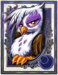 beak border brown_body brown_feathers eyelashes feathered_wings feathers female feral half-closed_eyes looking_at_viewer narrowed_eyes ornate_border portrait_(object) purple_body purple_feathers solo white_body white_feathers wings yellow_eyes harwick friendship_is_magic hasbro my_little_pony mythology gilda_(mlp) avian gryphon mythological_avian mythological_creature 2013 bust_portrait portrait