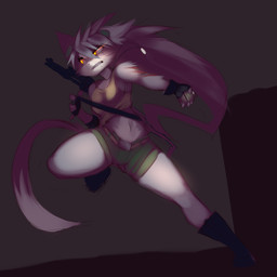 anthro clothing explosives female grenade gun ranged_weapon rifle simple_background solo weapon kanel felid mammal 1:1 digital_media_(artwork) full-length_portrait hi_res portrait