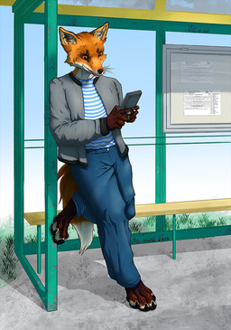 anthro bench bottomwear bus_stop clothing console digitigrade feet gaming jacket male orange_eyes pants pattern_clothing pattern_shirt pattern_topwear paws playing_video_game shirt solo standing striped_clothing striped_shirt striped_topwear stripes topwear ricsimane canid canine fox mammal