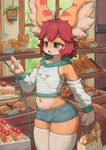 absolute_territory ahoge anthro belly bottomwear bread bulge clothed clothing crossdressing eyebrows femboy fingers food gesture hair hand_gesture holding_object inner_ear_fluff legwear male narrowed_eyes navel pink_tongue pointing red_hair shorts solo squish stockings sweets thigh_highs thigh_squish tongue topwear tuft yellow_clothing arcadius0505 arca_(arcadius0505) felid mammal 2024 hi_res