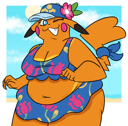 5_fingers accessory anthro beach bikini black_ear_tips blue_bikini blue_clothing blue_eyes blue_swimwear breasts clothing colored_nails dipstick_ears ear_markings female fingers floral_bikini floral_pattern flower flower_on_hat furgonomics hat headgear headwear looking_at_viewer multicolored_ears nails navel pattern_clothing pink_cheeks pink_flower pink_nails plant sexual_dimorphism smile solo stretch_marks suntan swimwear tail tail_accessory tan_line teeth two-piece_swimsuit white_sclera yellow_body nerdyreindeer nintendo pokemon pokemon_winds_and_waves ms._wavychu generation_1_pokemon mammal pikachu pokemon_(species) rodent 2026 shaded simple_shading
