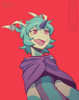 anthro blue_hair blush blush_lines cape clothing fangs female hair horn monotone_background open_mouth open_smile pink_eyes purple_cape purple_clothing purple_horn red_background simple_background smile solo teeth text white_body koiyaroid mythology sifyro dragon mythological_creature mythological_scalie scalie character_name hi_res signature