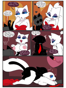 accessory anthro areola balls black_body black_fur black_tail blush bodily_fluids breasts clothed clothing dialogue duo erection female female_penetrated fingers fur genitals male male/female male_penetrating male_penetrating_female necktie nipples nude nude_anthro nude_female open_mouth open_smile pawpads penetration penile penile_penetration penis sex smile submissive submissive_male sweat tail text white_body white_fur white_tail snazzle_snapp domestic_cat felid feline felis mammal 3:4 animated animated_comic comic english_text