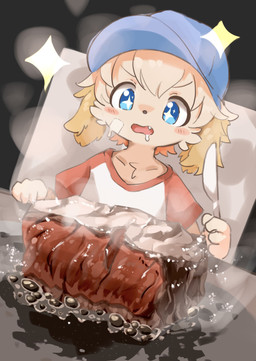 anthro bandage bandage_on_face baseball_cap beef blue_clothing blue_hat blue_headwear blush chair clothed clothing cutlery eating eating_food food fork furniture hat headgear headwear holding_fork kemono kitchen_utensils looking_at_food looking_at_object male meat open_mouth solo steak table tongue tools young young_anthro young_male tsukiyazl katera canid canine canis domestic_dog mammal 2023 absurd_res hi_res