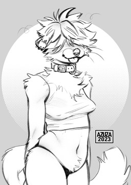 anthro blep breasts clothing collar ear_piercing ear_ring facial_piercing female hair hair_over_eyes industrial_piercing navel nipple_outline nose_piercing nose_ring piercing ring_piercing septum_piercing septum_ring simple_background solo standing text tongue tongue_out topwear whiskers azuza 2023 artist_name dated hi_res monochrome portrait sketch three-quarter_portrait
